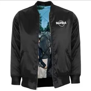HARD ROCK x THE BEATLES Photo-Lined Soft Satin Black Bomber Jacket Size M